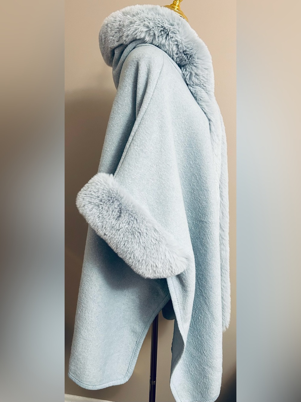 100% Viscose Faux Fur Trimmed Hooded Poncho in Icy Blue